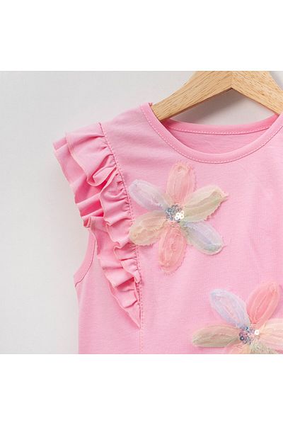Overdo Girls' Floral Ruffle Short Sleeve 100% Cotton T-Shirt