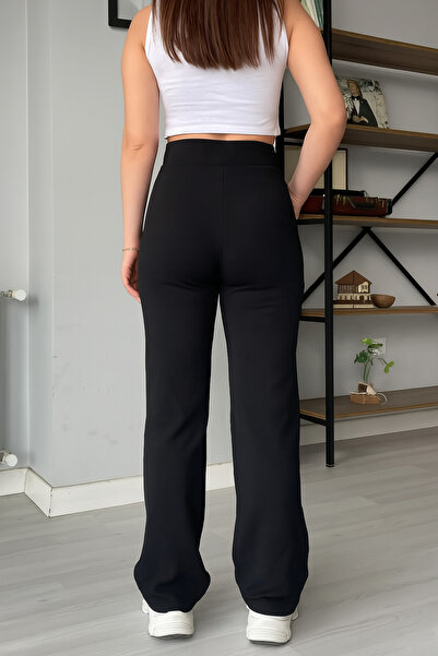 vesantia Kadın Siyah Palazzo Yüksek Bel Likralı Krep Kumaş Dikiş Detaylı Pantolon
