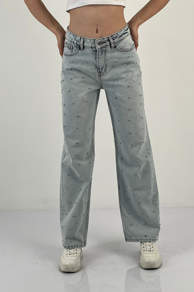 Miss Poem Blugi largi de damă cu picioare largi, pantaloni de denim albastru de gheață