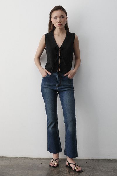 JASTE Women's Black Tie-Up Linen Vest