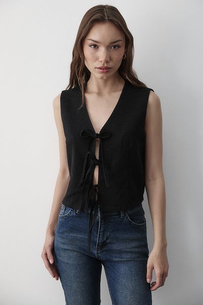 JASTE Women's Black Tie-Up Linen Vest
