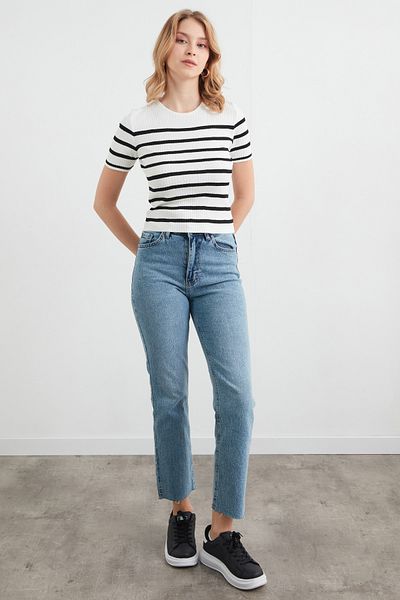 Fulla Moda Μπλούζα πλεκτή με ριγέ κορδόνι με λαιμόκοψη
