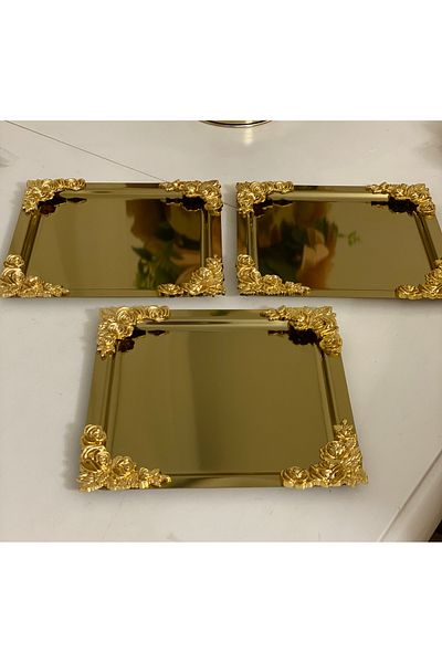 SEVA ÇELİK Stainless Steel Gold Square 3 Pieces Presentation Table with Four Edge Roses