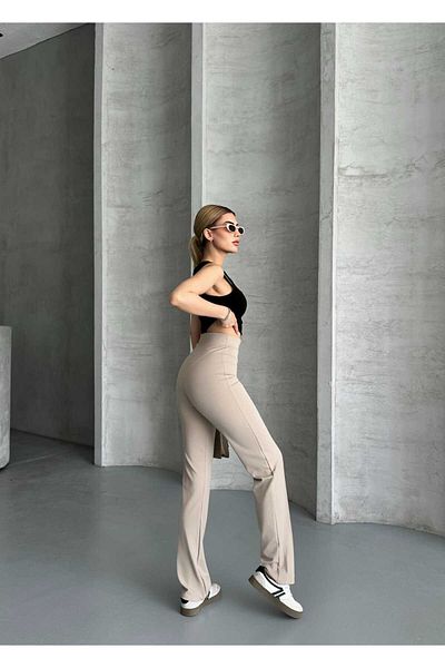 vesantia Women's Beige Palazzo High Waist Lycra Crepe Fabric Pants with Stitching Detail
