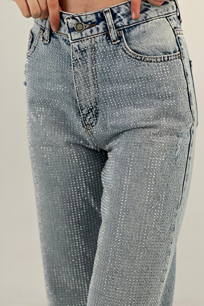 Miss Poem Kadın Taşlı Jeans Bol Paça Baggy Buz Mavi Kot Pantolon