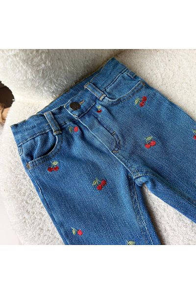 Overdo Girl's Cherry Embroidered Waist Adjustable Lycra Jeans