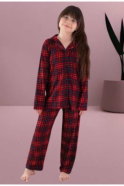 Minimoon Girls' Cotton Plaid Long-Sleeved Pajamas Set