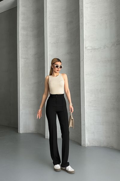 vesantia Women's Black Palazzo High Waist Lycra Crepe Fabric Pants with Stitching Detail