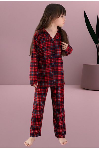 Minimoon Girls' Cotton Plaid Long-Sleeved Pajamas Set