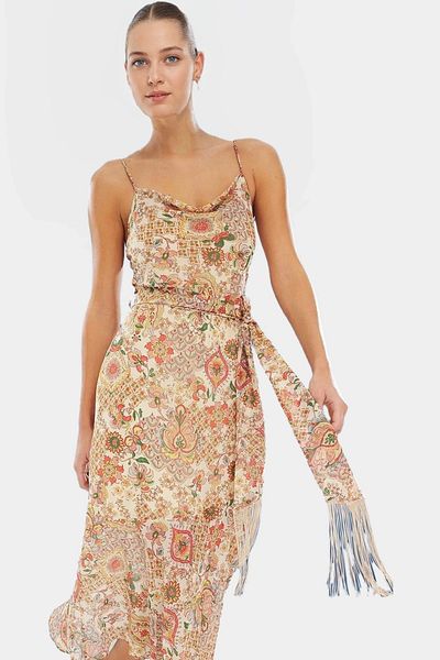 PayBuy Maxi Chiffon Dress Ethnic Pattern a Line Cut Belted Professional Appearance Distinguished Material