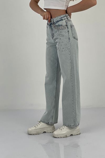 Miss Poem Women's Loose Wide Leg Stone Jeans Baggy Fit Blue Denim Trousers