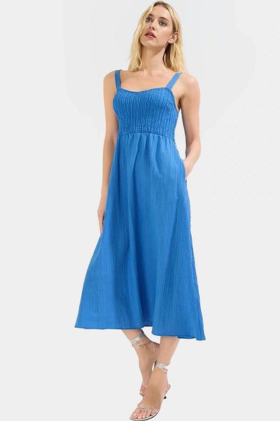 PayBuy Stylish V Neck Midi Dress 97% Polyester Crinkle Woven Comfortable Summer Casual High Quality and