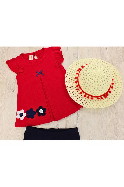 EYMİRGİYİM Straw Hat Flower Embroidered Baby Girl Children's Short Sleeve 3-Piece Set 9-12Months, 12-18Months, 1-2Years, 2-3Years