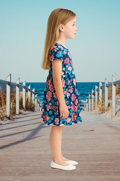 Fox Moda Lycra Girl's Dress with Printed Sleeves