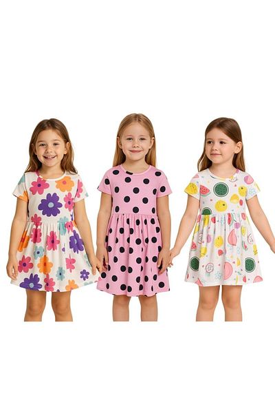MAXI DRY 3 Pieces Patterned Summer Short Sleeve Girls' Dress