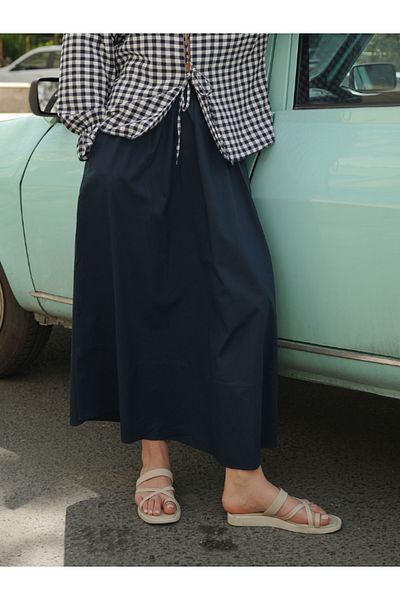 Molly Nelly Women's Navy Blue Pocketed Long Summer Hijab Poplin Flared Skirt
