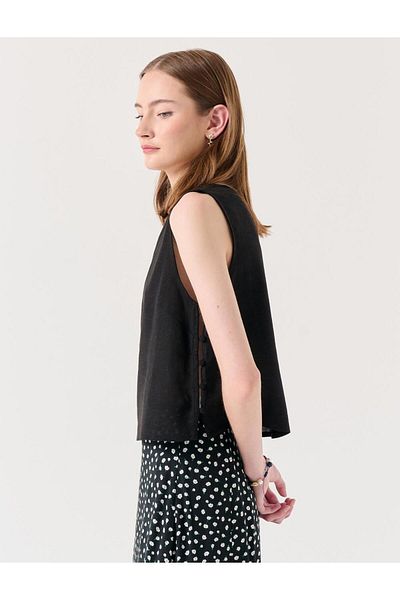 Jimmy Key Black Loose Cut Crew Neck Sleeveless Linen Blouse