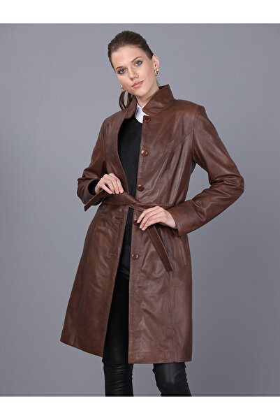 Basics&More سترة نسائية من الجلد الكستنائي بأزرار وحزام - B3034