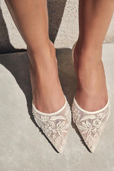 StWenn Cream Mesh Embroidery and Bead Detailed Pointed Toe Women's Heeled Bridal Shoes Shoes