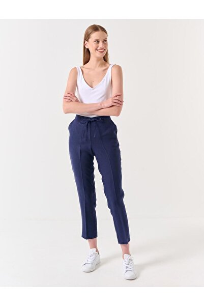 Jimmy Key Lacivert %100 Keten Normal Paça Normal Bel Pantolon