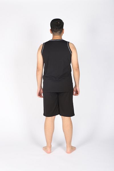My-o Men's Black Piping Sleeveless T-Shirt Shorts Set, Combed Cotton Fabric, Anti-Sweat - 2-Piece Set