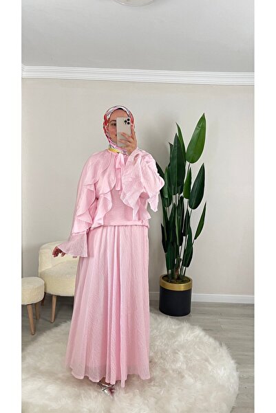 demet's collection Diana Ruffled Chiffon Fabric Double Skirt Suit