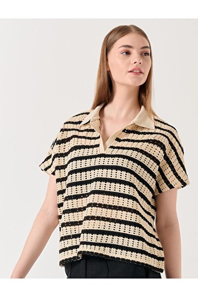 Jimmy Key Stone Polo Neck Stripe Patterned Openwork T-Shirt