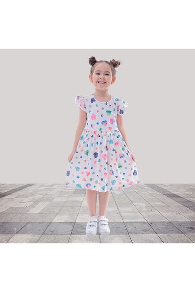 Fox Moda Colorful Heart Printed Girl's Dress with Sleeves