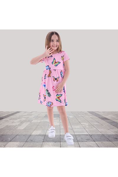 Fox Moda Butterfly Printed Girl's Dress with Sleeves