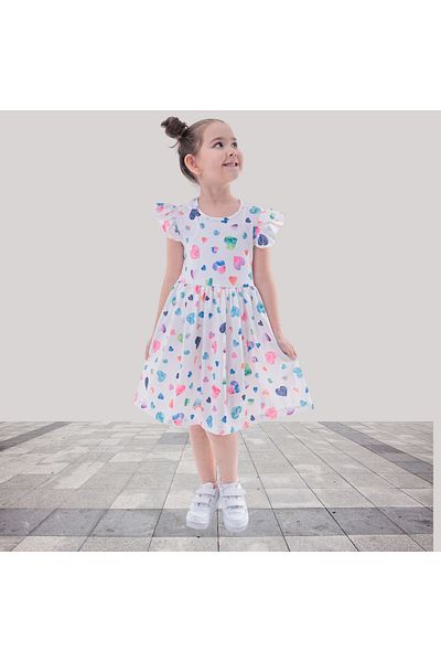Fox Moda Colorful Heart Printed Girl's Dress with Sleeves