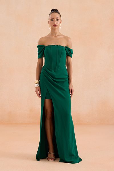 Carmen Emerald Back Tie Crepe Evening Dress