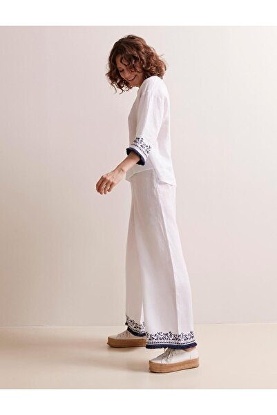 Jimmy Key Fehér, bő szabású, magas derekú, széles szárú vászonnadrág