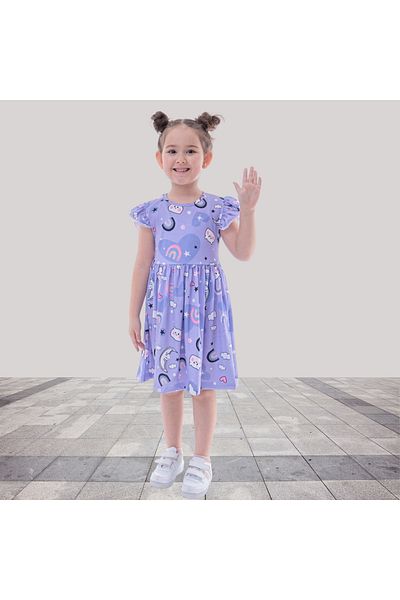 Fox Moda Rochie pentru fetiță cu imprimeu de culoare violet cu mâneci