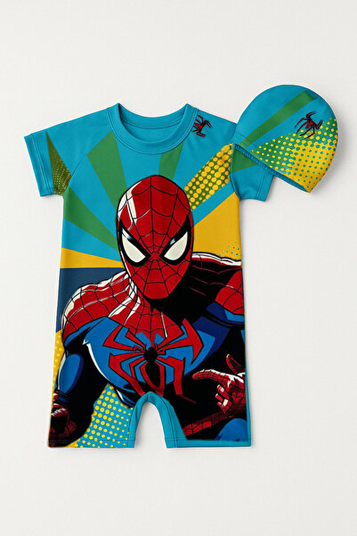 Trend Bebe Butik Baskılı Erkek Çocuk Mayo Seti | Yüzme Tulum + Boneli 2'li Set 3-7 Yaş Yazlık Yüzücü Mayosu