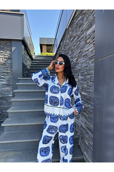 MAUN COLLECTION Blue Patterned Loose Satin Suit