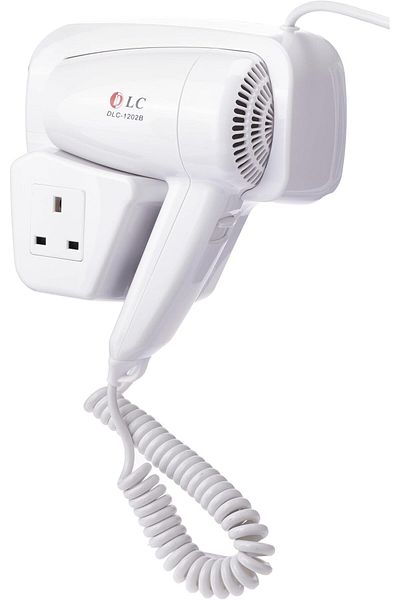 DLC 1200W 60/50Hz Hair Dryer with Triple Power Outlet. Wall Mountable, Easy to Use (White)