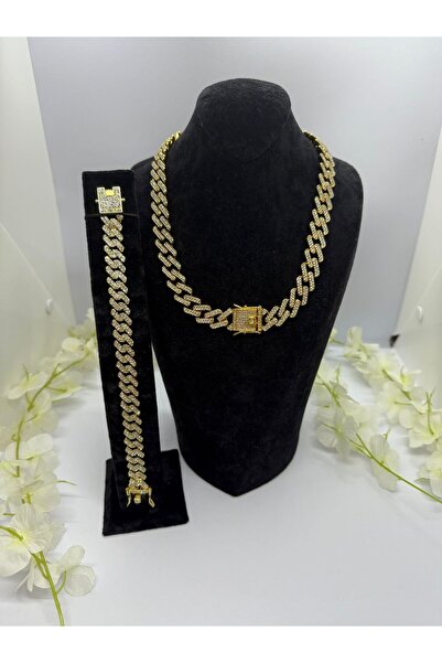 Constanza Exclusive 22 Ayar Altın Kaplama Parlayan Taşlı Kilit Set: Kolye Ve Bileklik 530