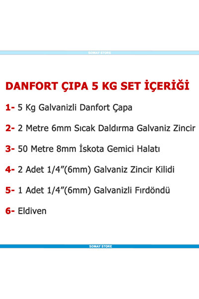 SomayStore Marine Tekne ve Şişme Bot İçin Hazır Çapa Seti Danfort Çapalı 5 KG SET (Eldiven hediyeli)