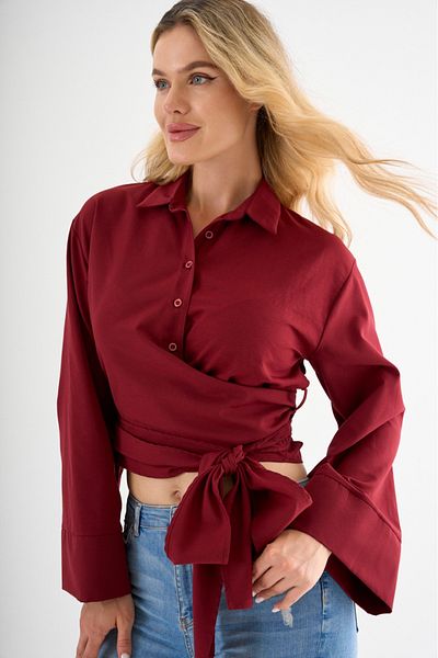 Cistern İstanbul Women's Burgundy Belt Detailed Tie-Up Shirt