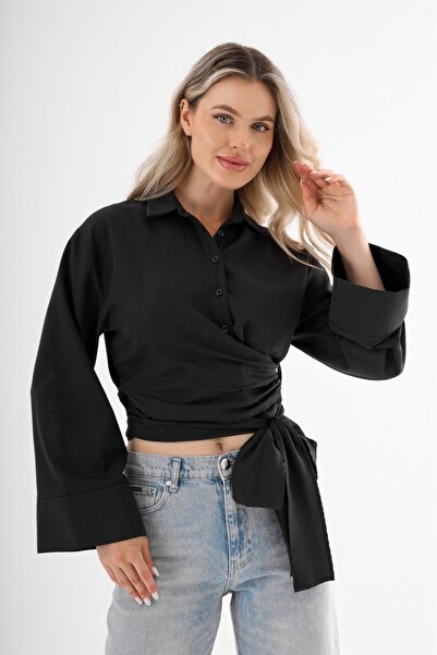 Cistern İstanbul Women's Black Belt Detailed Tie-Up Shirt
