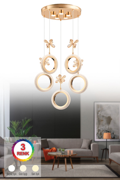 İstanbul Avize Halka 5'li Gold Kumandalı 3 Renk Ledli Modern Led Avize