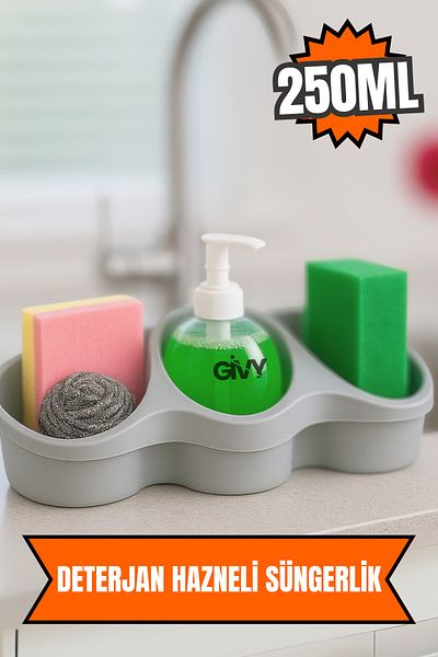 GİVY Titiz Detergent Container Sponge Holder |   250 ml Liquid Soap Dispenser Sponge Holder |   Tp-653