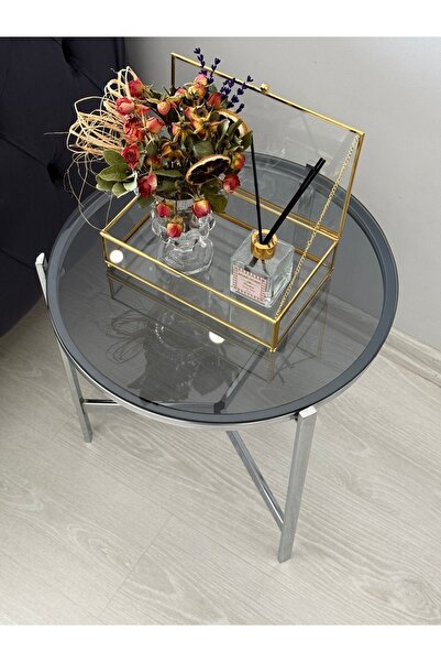 Metal Camlı Yan Sehpa Gümüş - Füme