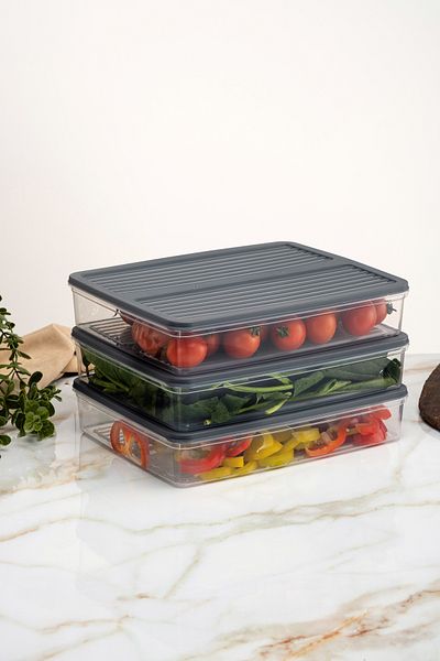 netteucuzluk Anthracite 3-Piece Refrigerator Organizer - 2400ml Storage Container Suitable for Microwave and Freeze