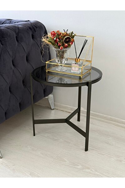 AssuCass Metal Camlı Yan Sehpa Siyah - Füme