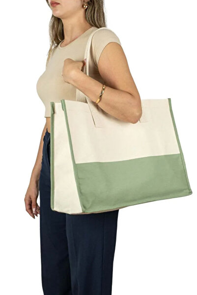 Pamusan Natural Elite Kanvas Bez Çanta Plaj Çantası -mint Yeşil Alışveriş Çan...