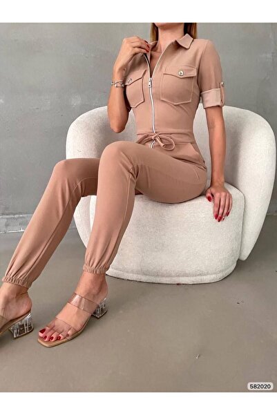 rengamoda Γυναικεία μπεζ φόρμα με φερμουάρ από ύφασμα κρεπ με λεπτομέρεια ζώνης