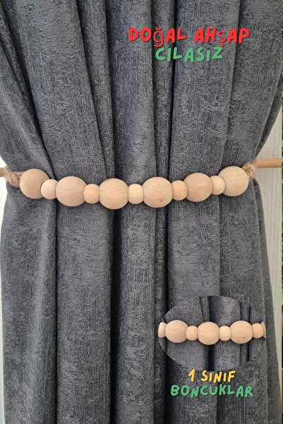 Armashine Suport decorativ pentru perdele cu margele naturale - Ornament pentru perdele din frânghie de iută cu baston din lemn - Culoare brută nelustruită 1 buc