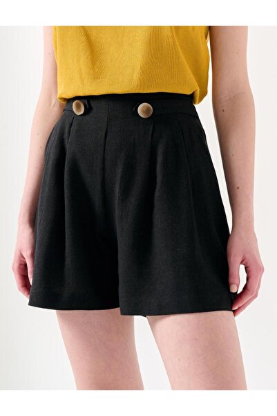 Jimmy Key Černé plátěné kraťasy rovného střihu s normálním pasem a skládaným knoflíkem