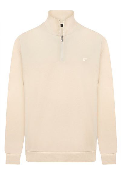 Basics&More Men's Relax Fit Relaxed Cut Cotton Half Zip Ecru Stand Collar Sweatshirt